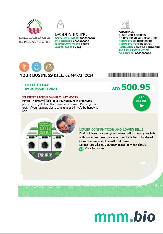 UAE Abu Dhabi Distribution Co. szablon rachunku za media Biznesowe w formatach Word i PDF